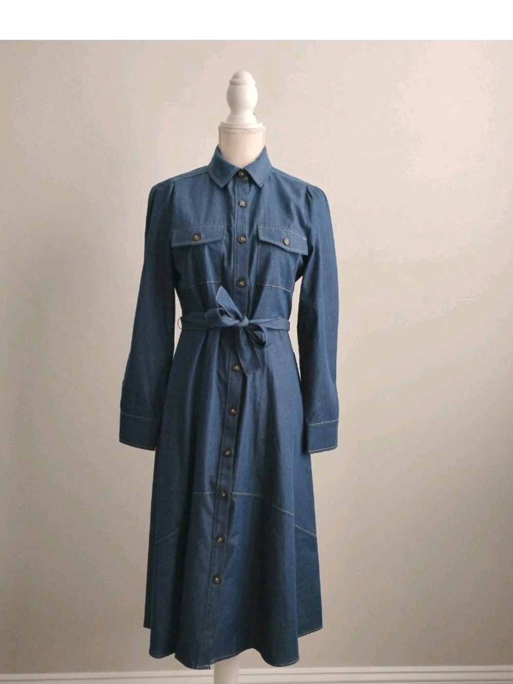 London Times Denim Chambray Long Sleeve Belted Shirt Dress Women's SZ 6 NWT